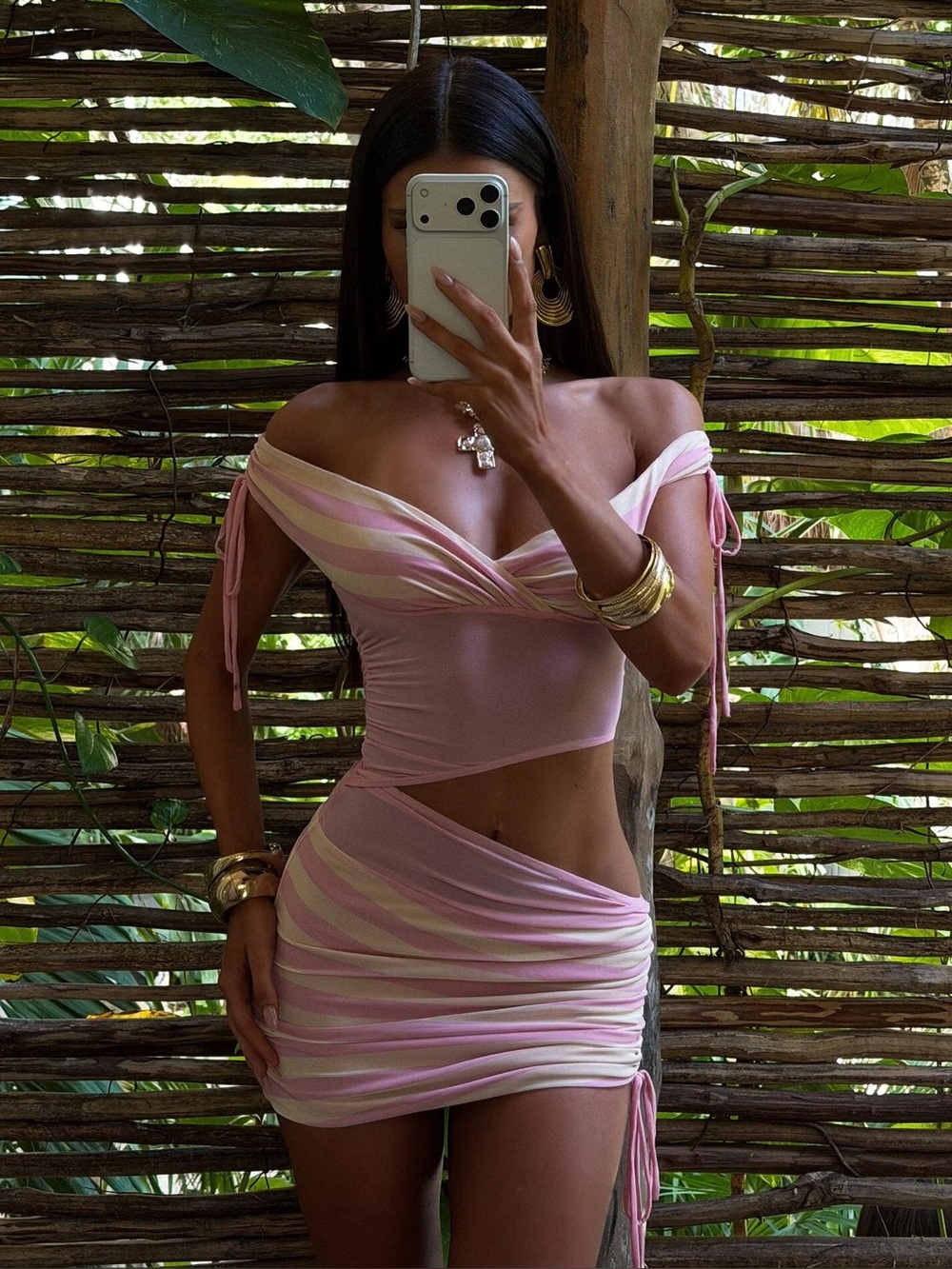 Outcast LEONA MINI DRESS PINK STRIPE Off-Shoulder Pink Striped Cutout Mini Dress